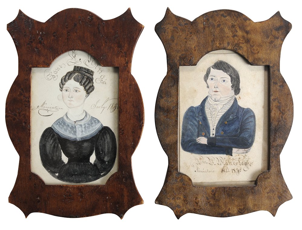 Pair American Folk Art Portrait: Miniatures, Bird's-Eye Maple Frames by E. Fairchild, both dated 1830: portrait of a young lady in a black dress, inscribed "Jane L. King's miniature July 1830", also inscribed by "E. Fairc