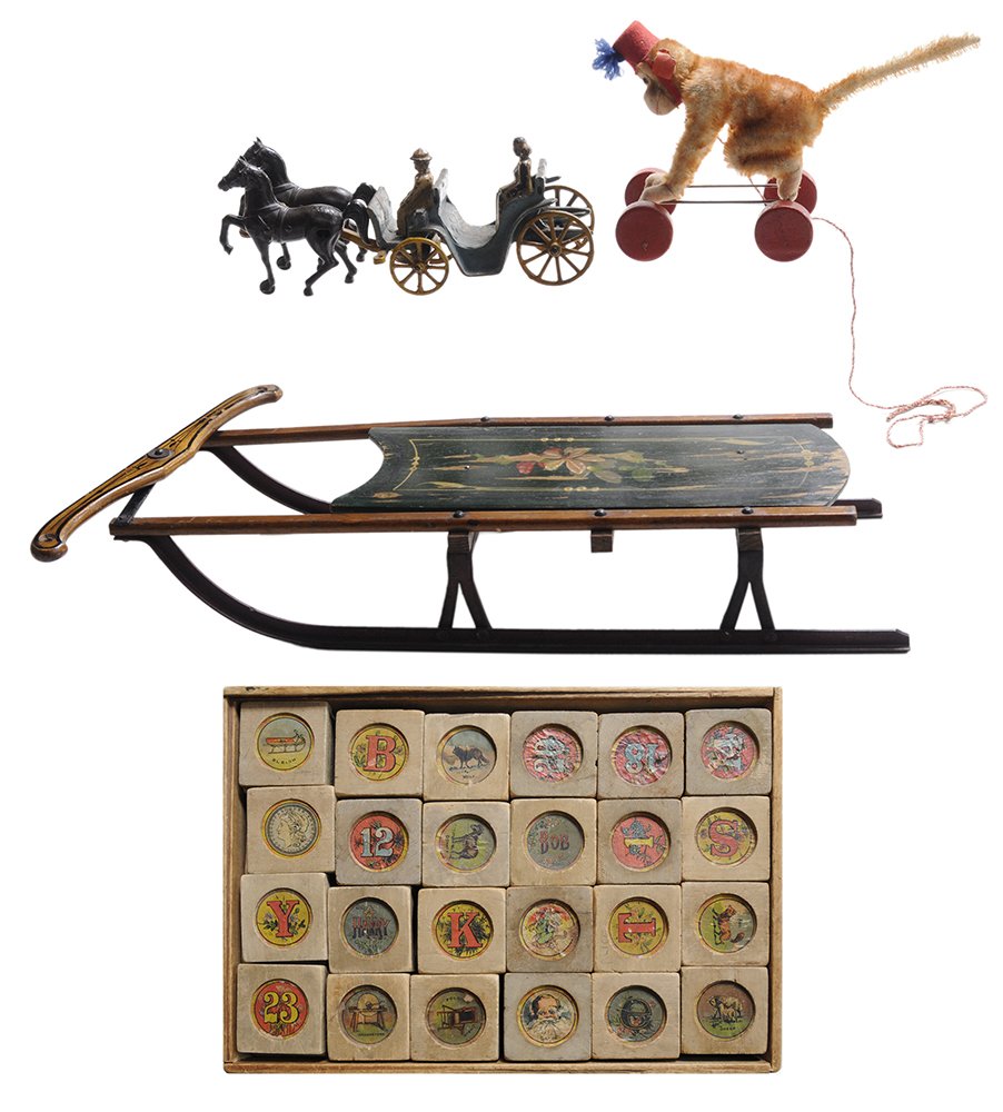 Salesman's Sample Sled, Steiff Pull: Toy, Set OF Wooden Blocks, Stanley Cast Iron Carriage painted wood and iron salesman's sample sled, floral-painted riding board, pinstriped steering mechanism, unmarked, probably early 20th century, 3