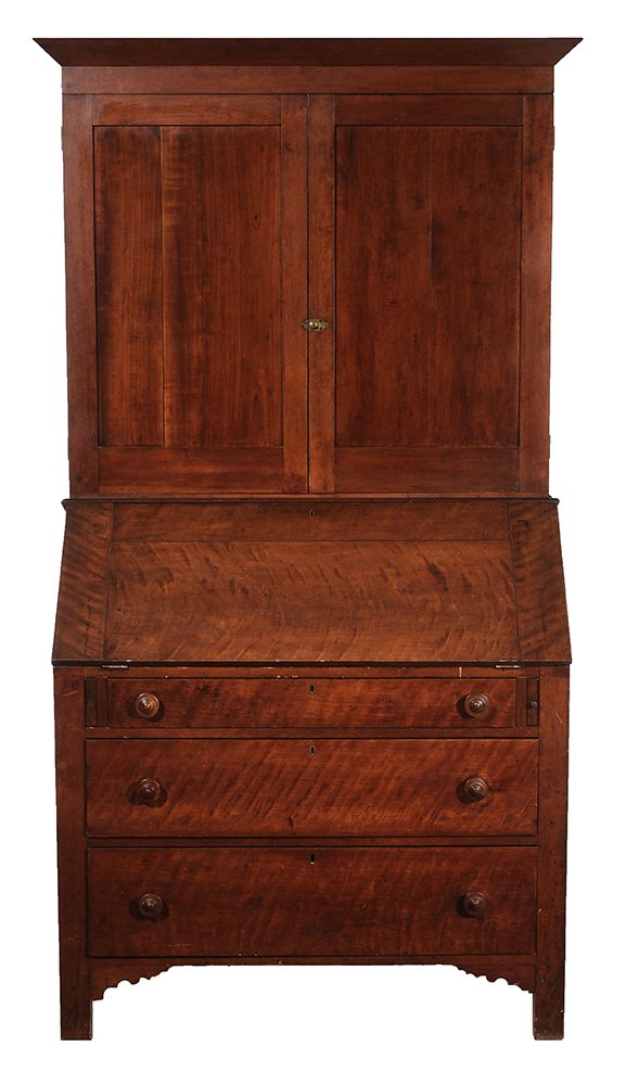 Ohio Federal Figured Cherry Desk: and Bookcase circa 1840s, two paper labels "This secretary was made by Hibbs Bros. near Smyrna, Ohio, for Samuel B. and Lydia(?) Smith who were married 11-18-1845", back with additional label 