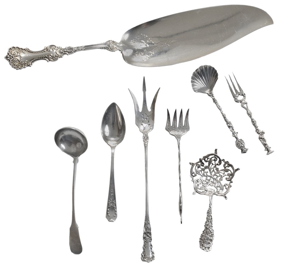 Eighteen Pieces American and: Continental Silver Flatware including Whiting Pompadour sterling fish server; Gorham Buttercup sterling lettuce fork; sterling hollow handle cake breaker; four sterling Madam Jumel teaspoons; sterling