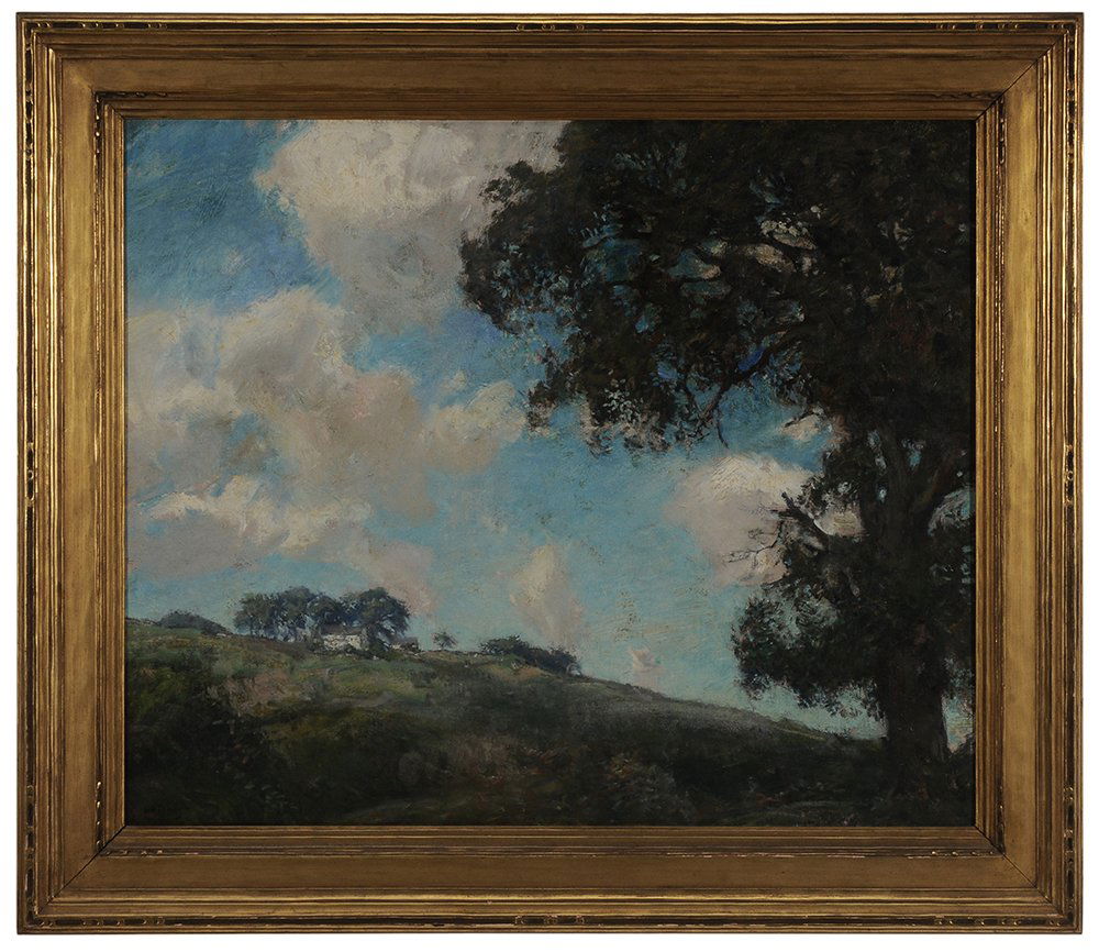 Charles Harold Davis: (Connecticut/New York/Massachusetts,1856-1933) Litchfield Hills, a New England farm on a hill, signed lower left "C. H. Davis", oil on canvas, 25 x 30 in.; fine original carved and gilt wood A