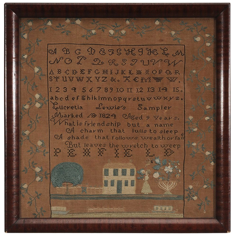 1824 Sampler of Kentucky Interest: signed "Lucretia Lewis's Sampler Marked 1824 Aged 9 Years Penfield" (New York) over pictorial panel of a house, tree, flower pot and female figure carrying a flower, bottom panel depicts possi