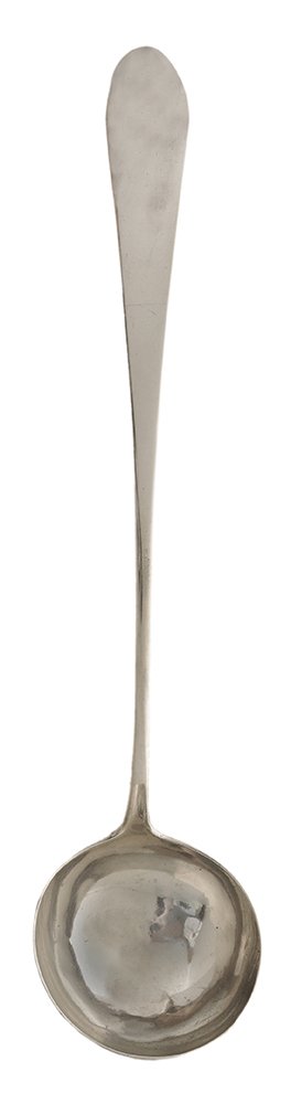 Maryland 18th Century Coin Silver: Ladle marked "J. Davanne", (John Davanne (Davane, Daverne), Baltimore, Maryland, working 1796-1801), downturned pointed tip handle, back with later monogram, 5.38 oz. T., 15-1/4 in., bowl with