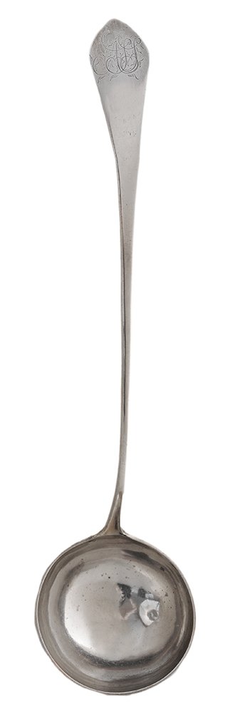 18th Century Virginia Coin Silver: Ladle American, downturned broad pointed end with mid-rib back, double-struck marked "M Miller" in script (Mordecai Miller, York, Pennsylvania working 1782-1786; Lessburg, Virginia working 178