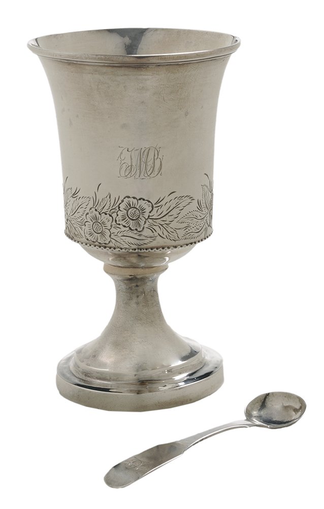 Kirk Coin Silver Goblet, Salt Spoon: American, 1828-1846, flared rim, engraved floral and foilate border, marked "KIRK" and "11" (Baltmore, Maryland), monogram, 6.86 oz. T., 5-3/4 in.; salt spoon with fiddle handle, "