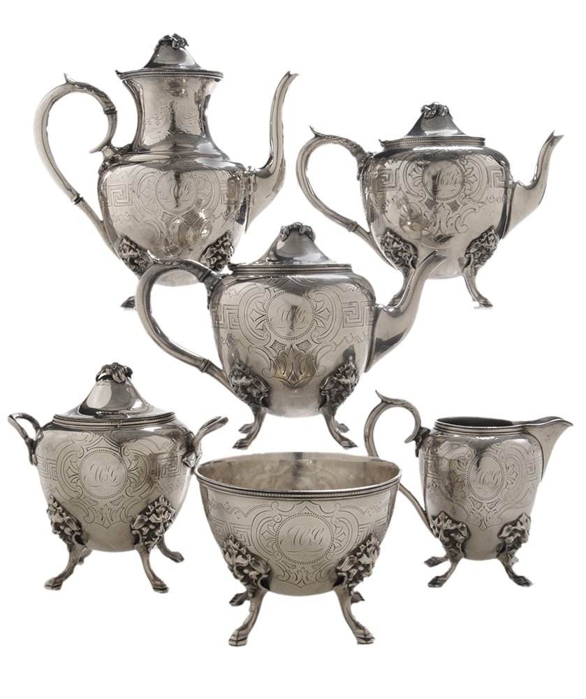 Six-Piece Silver-Plated Medallion Tea: Service American, 19th century, Greek-key borders, each with applied medallion, lion and hoof feet, foliate finial, Roger's, Smith & Co. (New Haven, Connecticut), monograms, 10 in. coffee pot with