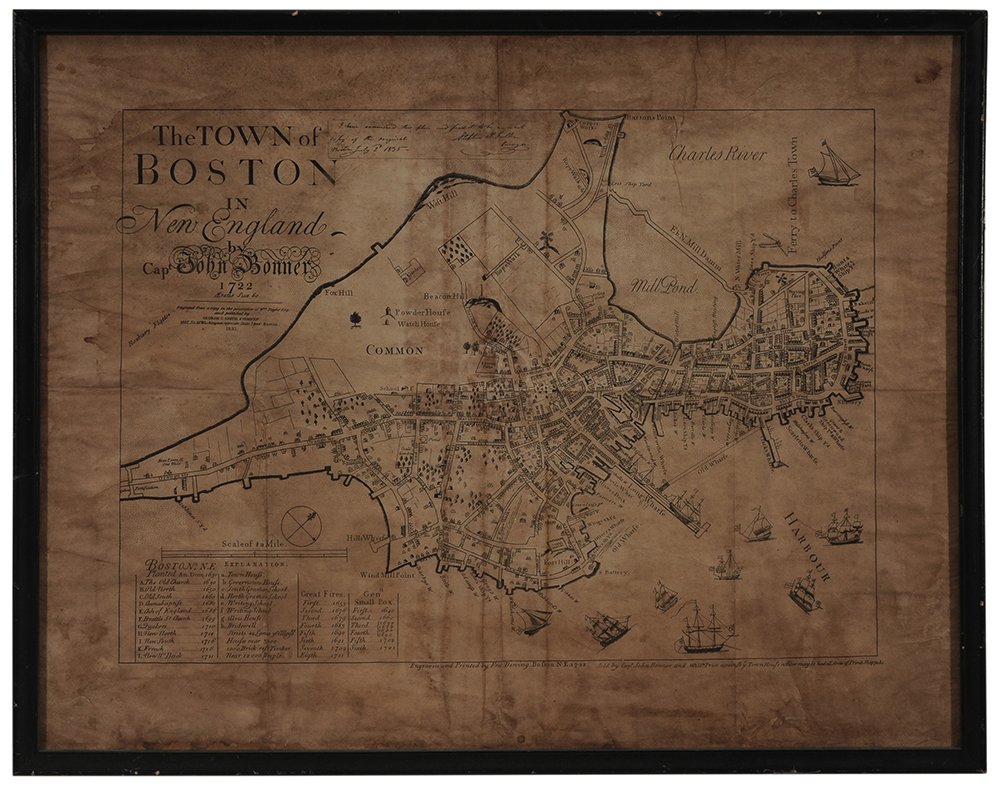 The Town of Boston in New England: by Capt. John Bonner, 1835 engraved from a copy in the possession of Wm. Taylor Esq. and published by George G. Smith, engraver, 21-1?2 x 27-1?4 in. (sight); black frame good condition only with foxin