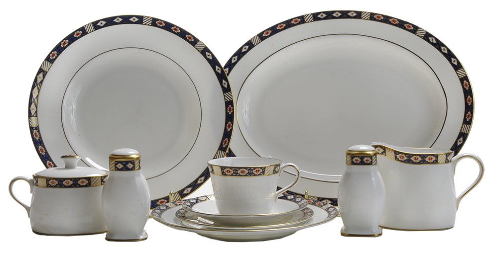 Royal Crown Darby Kedleston: Porcelain Partial Dinner Service, 55 Pieces English, 20th century: eight 10-1/2 in. plates, some with light knife marks; nine 8-1/2 in. salad plates; eight 8-1/2 in. soup bowls; nine 6-1/4 in. plates;