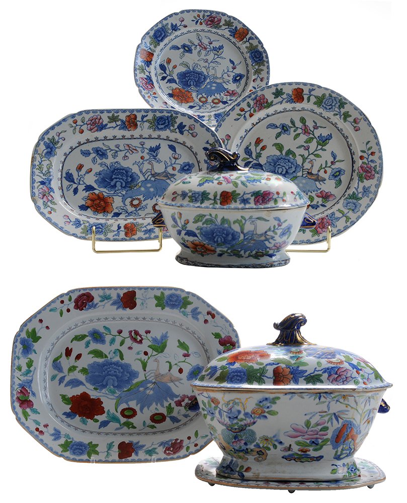 Mason's "Indian Grasshopper" Partial: Dinner Service, 44 Pieces English, circa 1813-1815, most with blue crown mark, depicting insects among peonies on white ground, thirteen 9-3/4 in. plates, scratches and glaze wear, one with large rim 