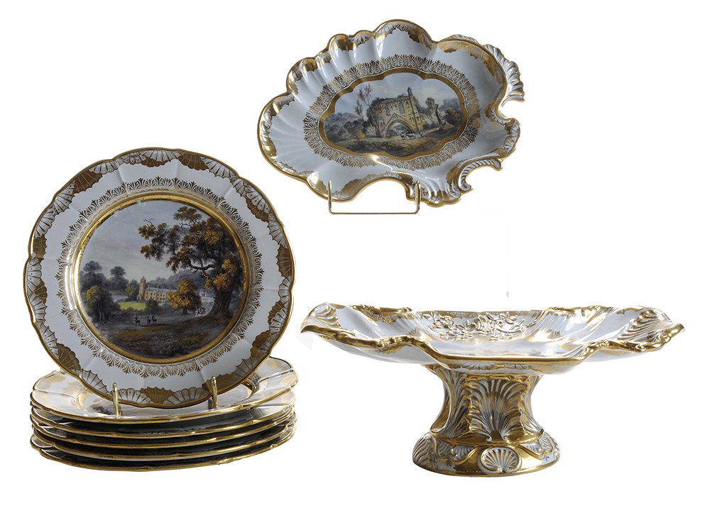 Samuel Bourne Mason's Landscape: Partial Dessert Service, 13 Pieces 1813-1830, finely executed scenes of various buildings and ruins in lush landscapes on well-modeled ware, elaborate heavy burnished gold rims and highlights, place n