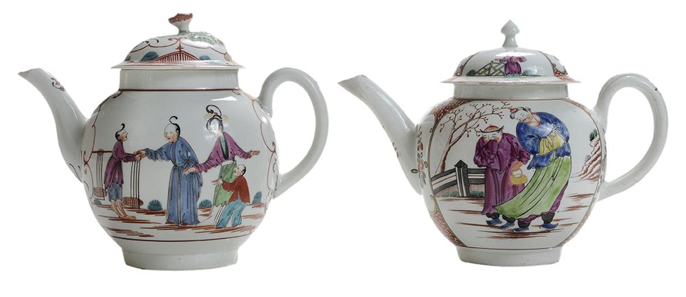 Two Worcester Mandarin Pattern: Lidded Teapots late 18th century: one depicting group of men greeting one another, other side with lady seated at a window and peering in direction of the men, slightly domed cover with applied floral