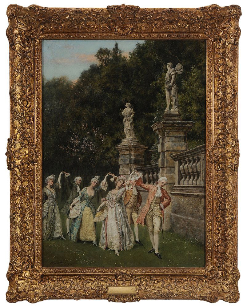 John Collier: (British, 1850-1934) The Minuet, 1891, signed lower left "John Collier 1891", oil on canvas, 22-3/8 x 16-1/4 in.; gilt wood and composition frame, lined with wax and linen, crackle, some areas