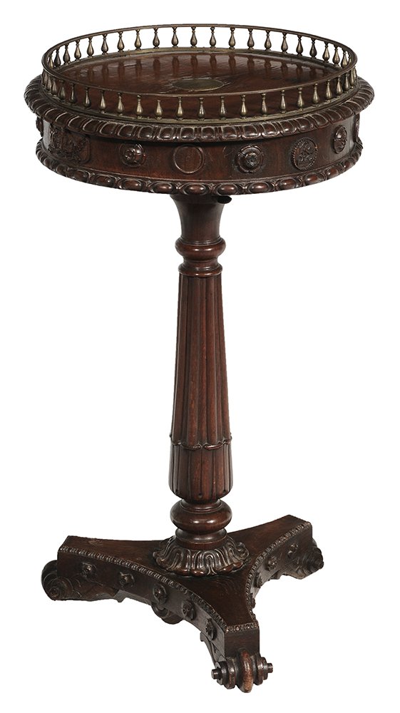 William IV Carved and Brass-Mounted: Oak London Bridge Historical Pedestal Table London, circa 1833, oak throughout, circular top with brass gallery centering an engraved plaque inscribed "The oak of which this table was made was und