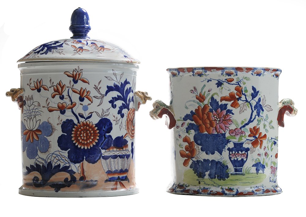 Early 19th Century Wine Cooler: and Dough Bin English, "Japan" pattern dough bin, lid with bold acorn finial, animal head side handles, 16 in., very small base rim chips, interior bottom with glaze cracks, inner rim of lid w