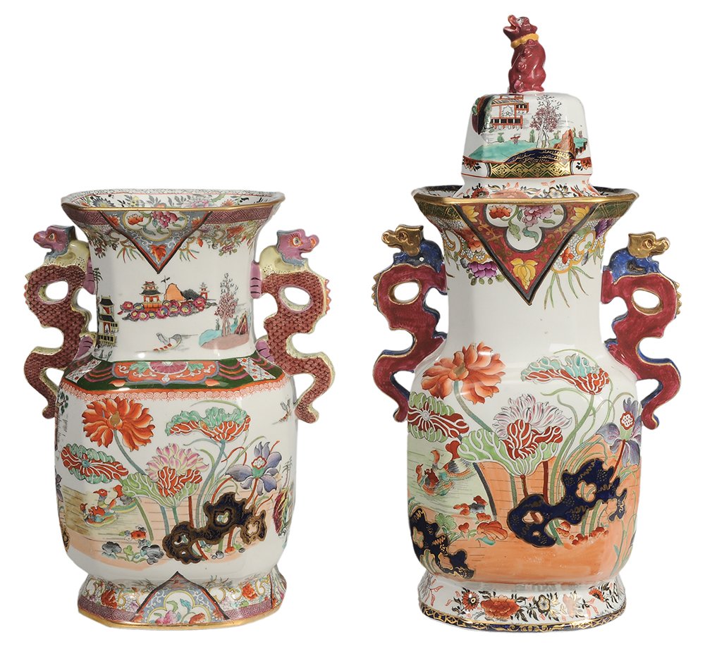 Two Large Mason's Ironstone Urns: English, circa 1830, two urns with same form, differing colors and banding, both with ducks swimming beneath large orange flower, one with black Mason's mark, bodies 14-7/8 in., one with lid 21-1/4 in