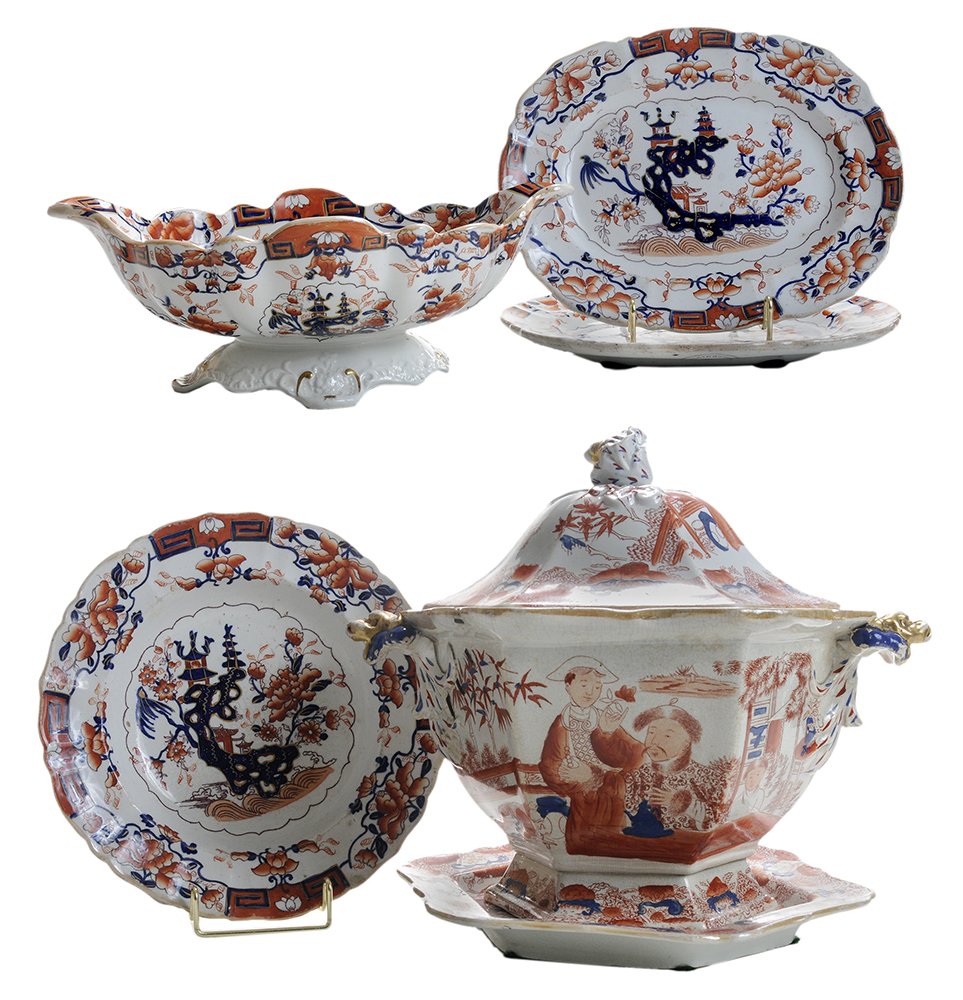 Four Pieces Mason's "Pagoda and Rock": Pattern, "Orange Mandarin" Soup Tureen English, 1800s: "Orange Mandarin" soup tureen and underplate, 11-3/4 in., lid with star crack to one panel, break with staple repairs, cracks aro