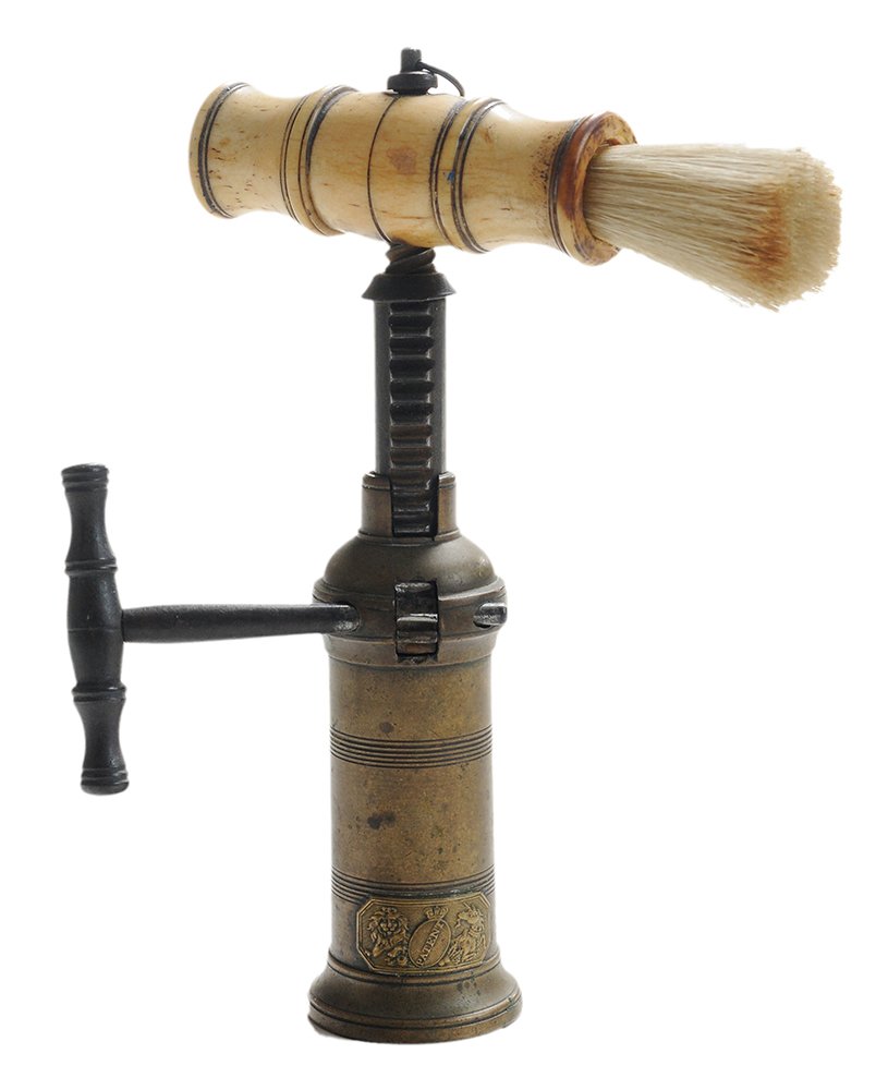 Thomason Victorian Brass and Bone: Kings-Wrapped Corkscrew English, mid-19th century, handle with carved bone in the form of a brush on kings-wrapped brass body with patent tablet with lion and unicorn, iron twist handle, 10 in. extend
