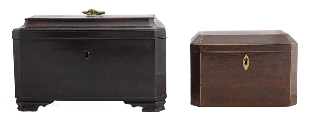 Two English Tea Boxes: octagonal line-inlaid tea box, interior of hinged lid lined with marbled paper, two interior compartments with wooden lids, lock with elliptical bone escutcheon, green felt on base, 5 x 7-1/2 x 4-5/8 