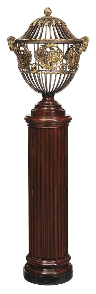 Adam Style Brass Grillwork Urn Set: on a Mahogany Reeded Pedestal Cabinet modern design by Maitland Smith, leaf and ram's head-decorated urn on turned base and set on a pedestal opening to a cabinet, marble-veneered base, 66-1/2 x 20 x 