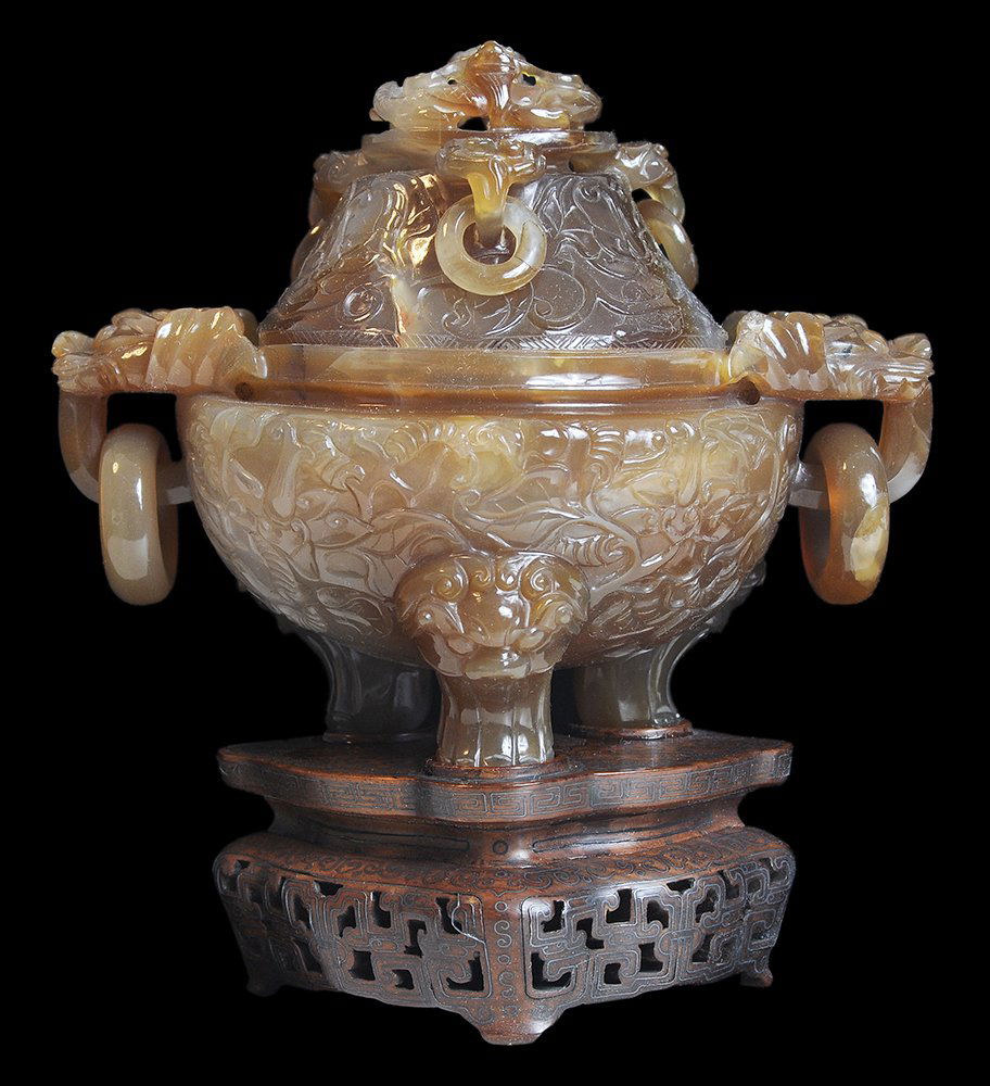 White and Amber Carved Antique: Agate Covered Koro Chinese, antique, hardstone, cover with dragon finial and three carved loose-ring handles, stylized floral ground, oval body carved with birds and stylized flowers, two finely carve