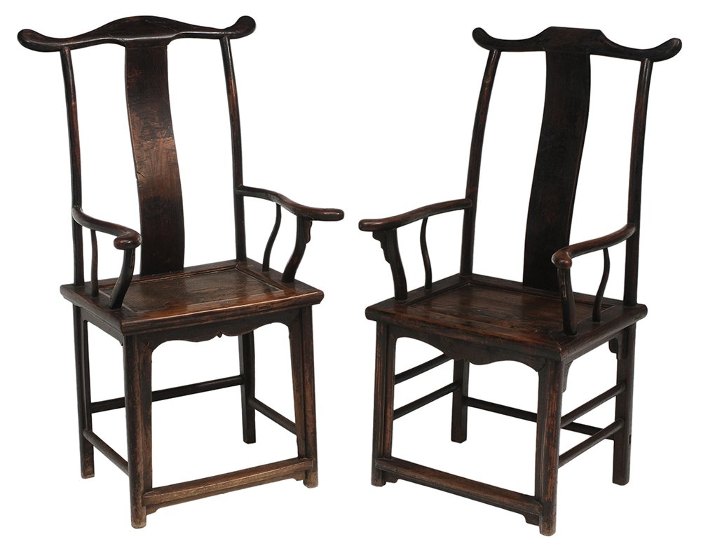 Near-Pair Antique Chinese Open-Arm: Chairs figured elm and other mixed woods with traces of early red stain, yoke-form crest over solid splat and woven fiber-lined paneled seats, 48-1/4 x 27 x 18 in., one with two breaks and repairs at