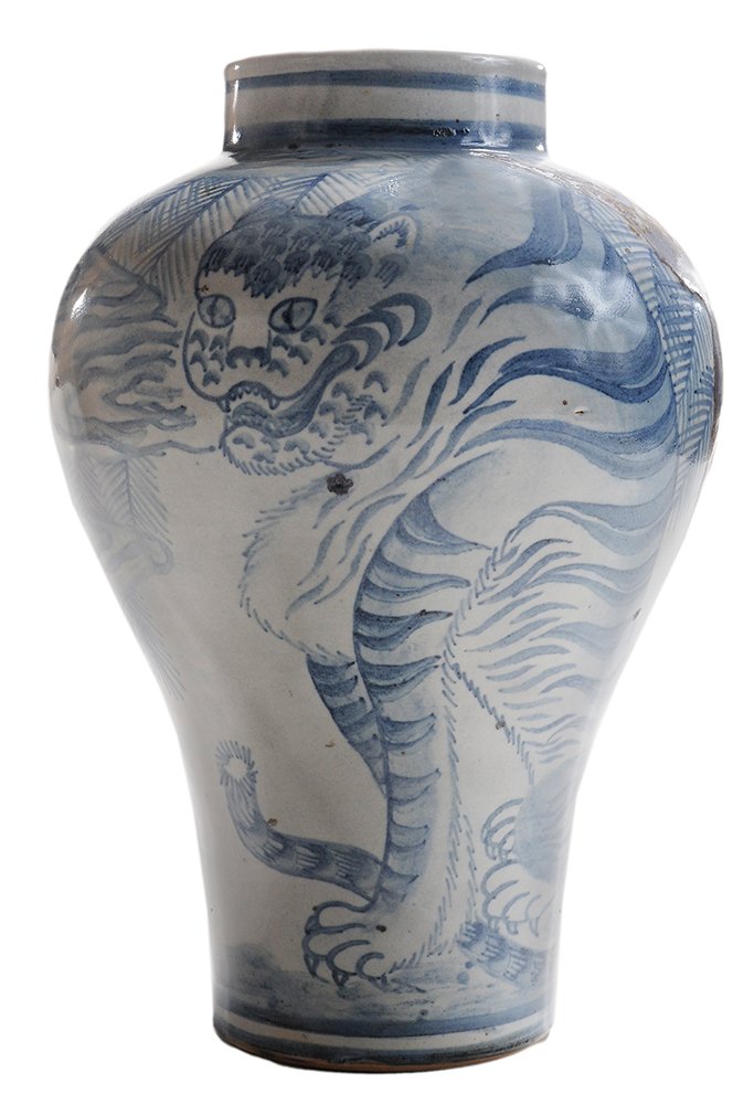Antique Painted Stoneware Jar with: Tiger and Pine Tree Design Korean, Yi Dynasty, probably late 18th century, cobalt and iron-red painting on white slip, marked on base by artist unidentified, 12-1/2 in., minor kiln fire pitting, inter