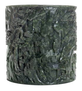 Important Antique Carved Spinach: Jade Brush PotChinese, Qianlong period, cylinder form carved in deep relief with scholars and pilgrims traveling toward a high mountain monastery, rich dark green with speckles of pale celadon, 5-1/2