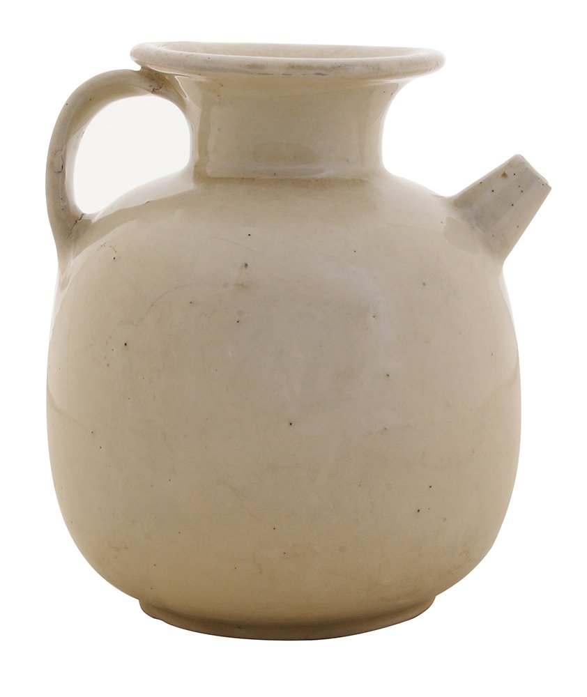 Antique Chinese White-Glazed: Porcelain Ewer probably Song Dynasty, (960-1279), bulbous form with flared rim and strap handle, white glaze with crackle, 5-1/2 in., light surface wear, scattered minor firing flaws. Provenance: stic