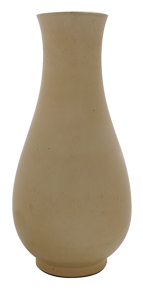 Chinese White-Glazed Ceramic: Ding Ware Vase probably Ming Dynasty, graceful baluster form in cream-colored glaze, 12-3/4 in., glaze crackle and crazing with some discoloration, shallow firing flaw in base ring, deeper crazing at 