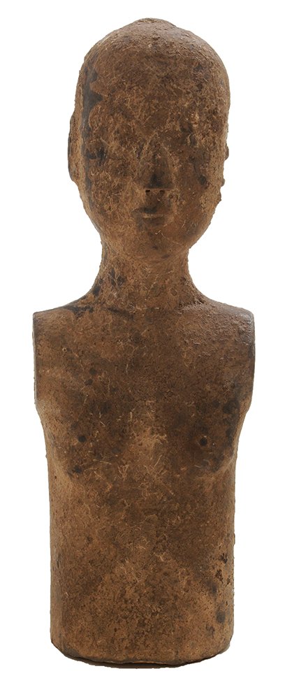 Early Carved Stone Figure of Male: Torso probably Han Dynasty, half-length figure with delineated hair, ears and facial features, early surface, holes in arm sockets, 10 in., early surface with wear and abrasions especially at high spo