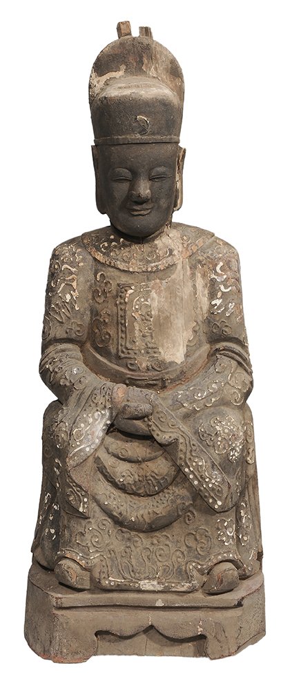 Antique Chinese Carved Wooden: Buddhist Temple Figure seated figure with elaborate garment, traces of applied gesso and paint, possibly one of the ten judges of Hell, 25-1/2 x 10-1/4 in., some losses at head ornament, scattered shr