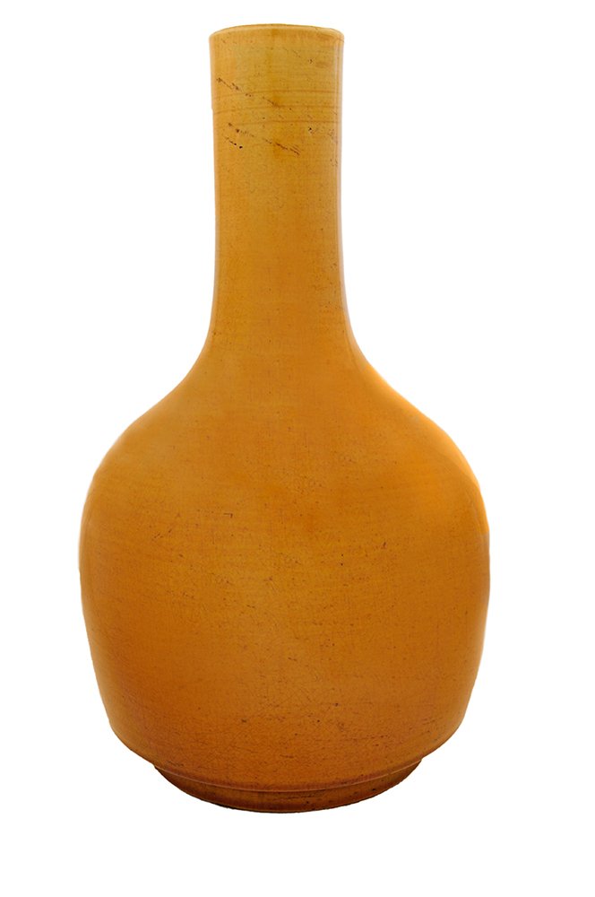 Antique Chinese Mallet-Form Mustard: Yellow Monochrome Earthenware Vase crackled mustard glaze paler at the rim and darker at the base ring, 12-1/4 in., generally good condition, chips and roughness at base ring with one area of infill,