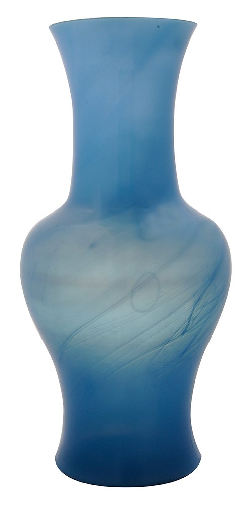 Antique Chinese Translucent Blue: Glass Vase Qing Dynasty, possibly Qianlong period, flared neck and baluster-form body, turquoise to robin's egg blue with swirls in the body, base with early labels, 13-1/4 in., rim roughness and one 