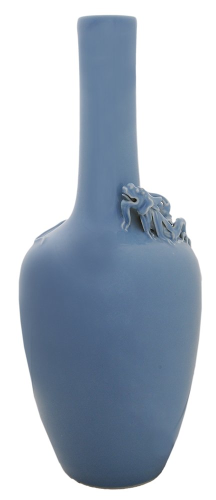 Antique Chinese Porcelain Dragon: Figural Clair-de-Lune Porcelain Vase base with Yongzheng seal mark in underglaze blue, probably 19th century, tall bottle form set with a dragon figure at the shoulder, 13-1/2 in., excellent condition