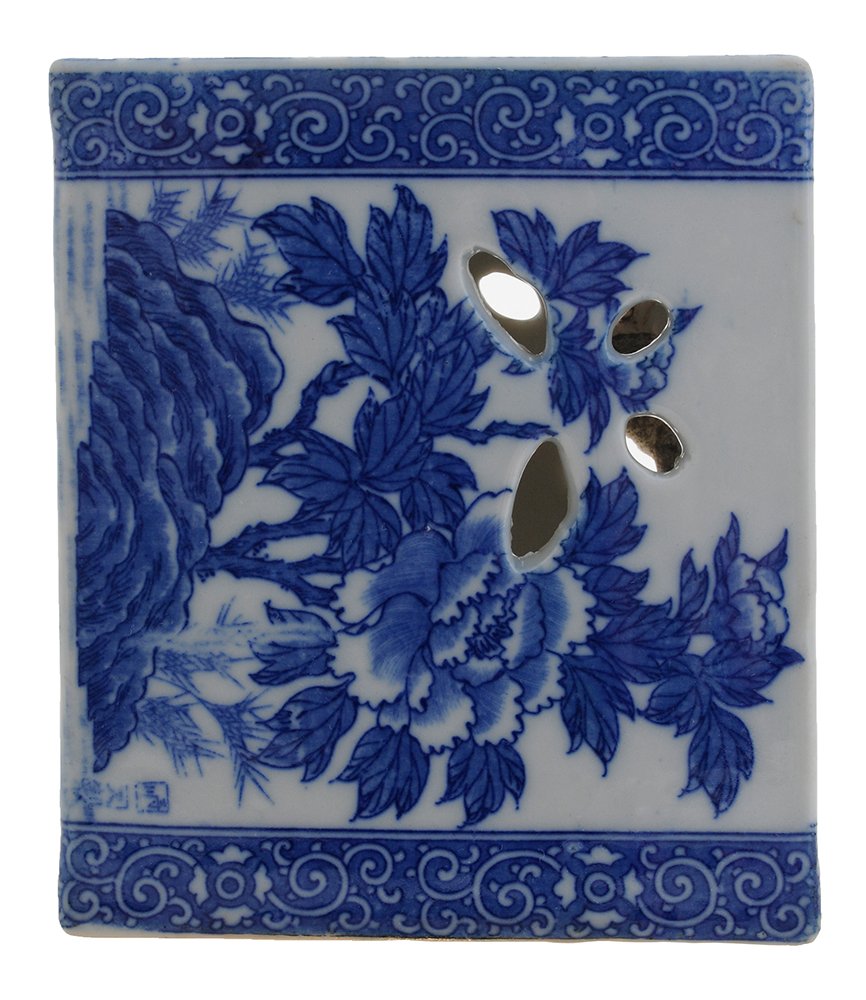 Antique Chinese Blue and White: Porcelain Lamp Cover probably Ming period, rectangular porcelain body decorated with peonies, sides with foo lions playing with balls, top with two bat-form piercings centering an auspicious symbol, s