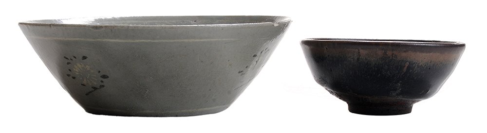 Antique Chinese Jian Hare's Fur: Bowl, Korean Stoneware Dish probably Song Dynasty, 1-1/2 x 3-1/4 in., repairs with retouch to bowl interior, other glaze abrasions and wear to exterior; Korean dish, probably 13th/14th century, 1-3/4