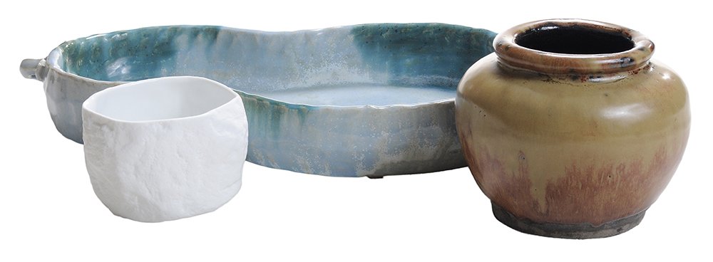 Three Pieces Japanese Ceramics: 19th and 20th centuries: blue and green glazed gourd-form ikebana (container), porcelain, 2 x 15 in.; glazed porcelain cup, 2-1/2 x 3-1/2 in.; beige and pale brick-red glazed earthenware storage jar,