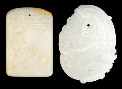 Two Fine Carved White Jade Plaques: Chinese, possibly Qianlong period, one tablet form depicting a seated scholar under a prunus branch, verso with lengthy inscription and seal mark, fine white jade with three areas of russet, 2-1/4 x