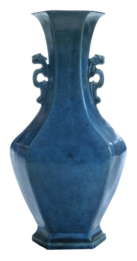 Rare Antique Chinese Robin's Egg: Blue-Glazed Hexagonal Vase unmarked, possibly Yongzheng period, hexagonal body finely formed and set with two pierced dragon-form handles, mottled glaze in shades of turquoise to robin's egg blue, fin