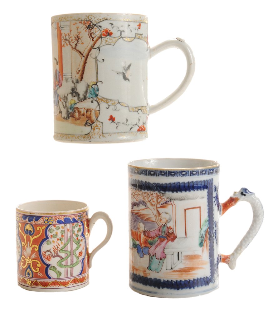 Two Chinese Export Canister-Form: Mugs, English Porcelain Cup porcelain cup enameled in the Mandarin style, figures in a landscape, serpent handle, late 18th century, 4-1/2 in., old repair to lower handle, flake to base rim, some loss
