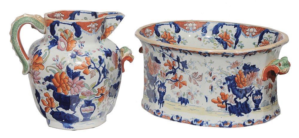 Mason's Ironstone Footbath and: Matching Jug 1825-1840, "Vase and Jardinière" pattern, Imari colors, water lilies and other flowers, twelve-sided footbath with dragon-face handles, 8-1/2 x 19 in., interior firing cracks