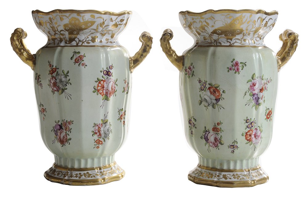 Pair Mason's Patent Ironstone China: Vases English, circa 1830, one with impressed mark, lobed form with flared neck, each with two upright scroll handles, necks gilt with butterflies and flowers, bodies with bouquets and floral sprigs o