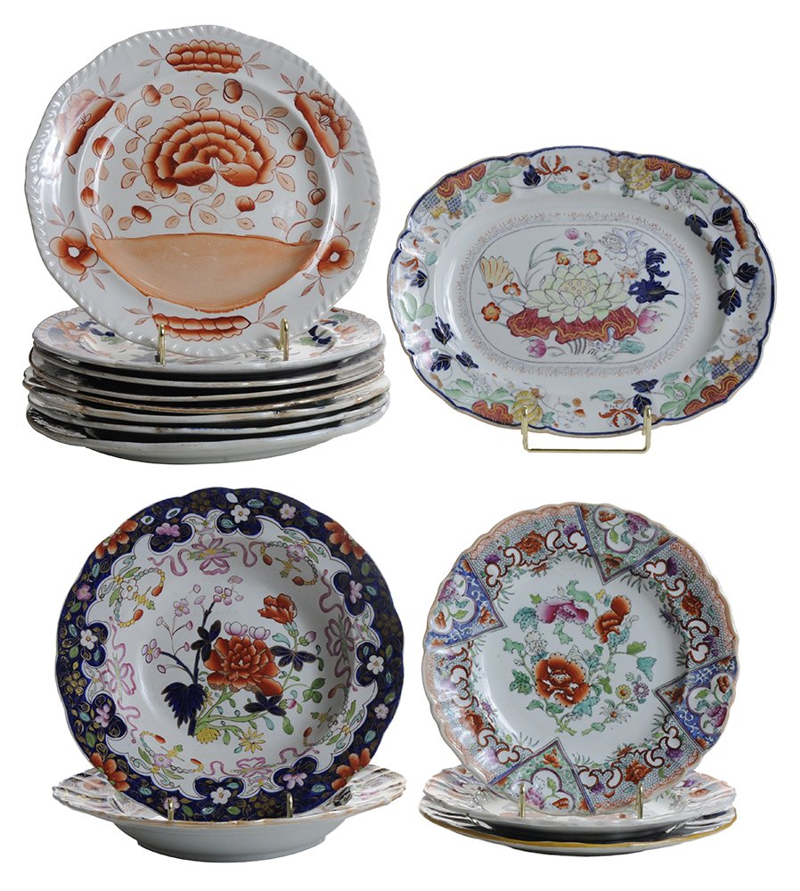 Eleven Miscellaneous Mason's Ironstone: Plates, Two Soups, One Platter English, early 19th century, twelve plates: pair "Peonies and Daisies" pattern, 9 in., one with rim chips; one with central cobalt basket, 9-1/4 in.; eight dinne