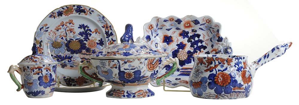 Mason's Ironstone China "Basket: Japan" Pattern Dinnerware, 13 Pieces English, 1825-1830, basket and floral motifs in Imari colors, tazza with divided pedestal foot, gilt designs on foot and handles, lustred rim, 7-1/2 x 14 in.; 