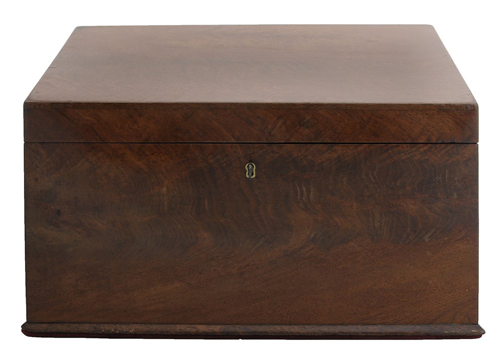 Slant-Lid Letter Box: English, early 20th century, applied base molding, hinged lid opening to interior dividers for stationery and envelopes, red felt applied to bottom, lock with key, 10-1/2 x 15-1/2 x 7 in., lacking thr