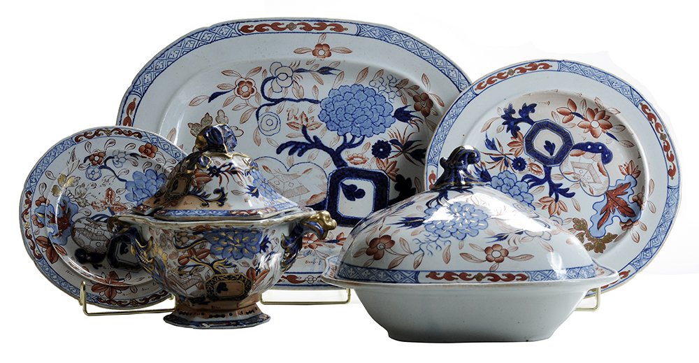 Mason's Ironstone China "Jardinière": Pattern, 44 Pieces English, 1813-1830, design in two shades of red and two shades of blue on white ground with gilt highlights, 23 plates, 9-5/8 in., one with break across plate with staple repair, th