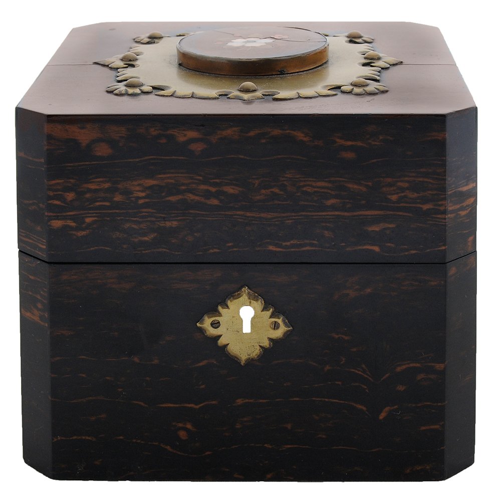 Victorian Calamander and Pietra: Dura Traveling Perfume Case French, mid-19th century, octagonal case with hinged cover with a circular floral pietra dura inset medallion, applied brass escutcheon, fitted interior with dark navy velv