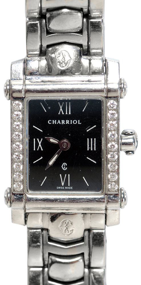 Lady's Philippe Charriol Watch: rectangular black dial with 18 round brilliant diamonds, estimated combined weight 0.20 cts., stainless steel bracelet and case, marked "P.Charriol", "Columbus, registered model, water res