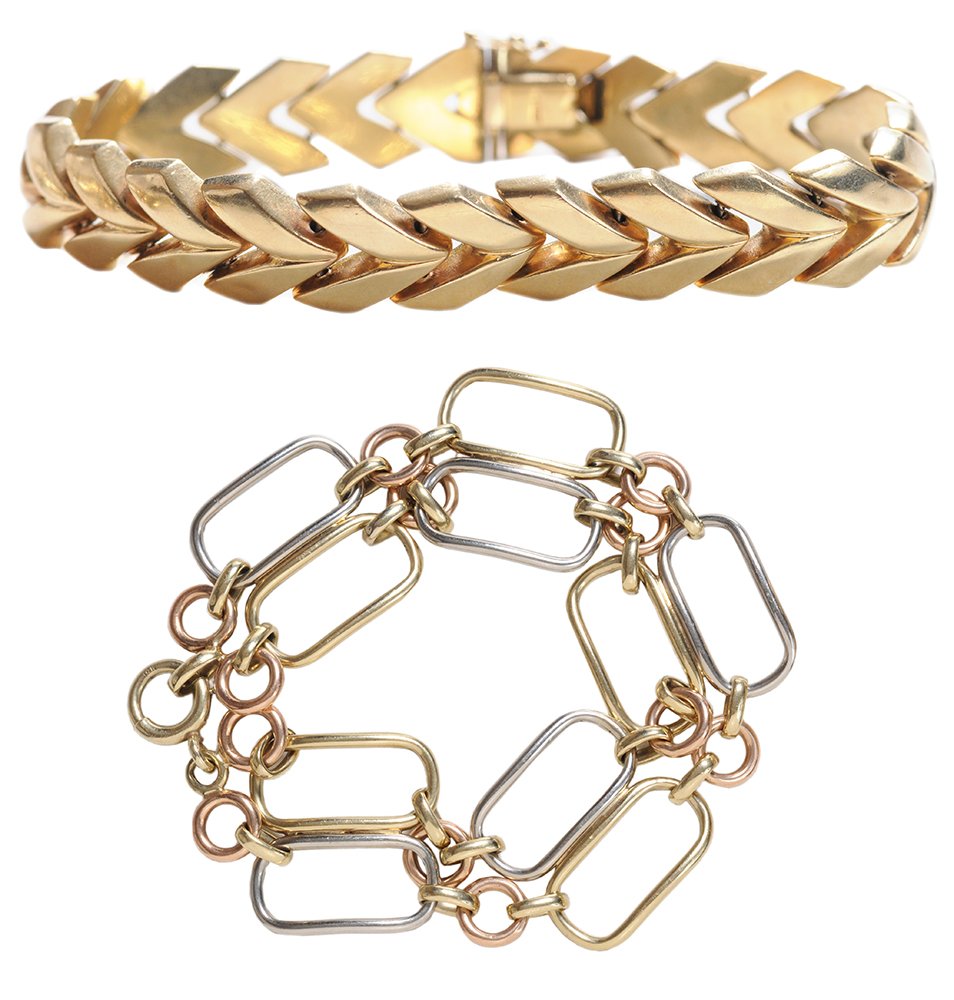 Two 14 Kt. Gold Link Bracelets: one vintage yellow, rose and white gold, handmade oval and round links, 7 in. x 23.7 mm., 36.4 grams gross weight; one contemporary with chevron hollow links, 14 kt. yellow gold, 7-1/2 in. x 11.5 mm.,