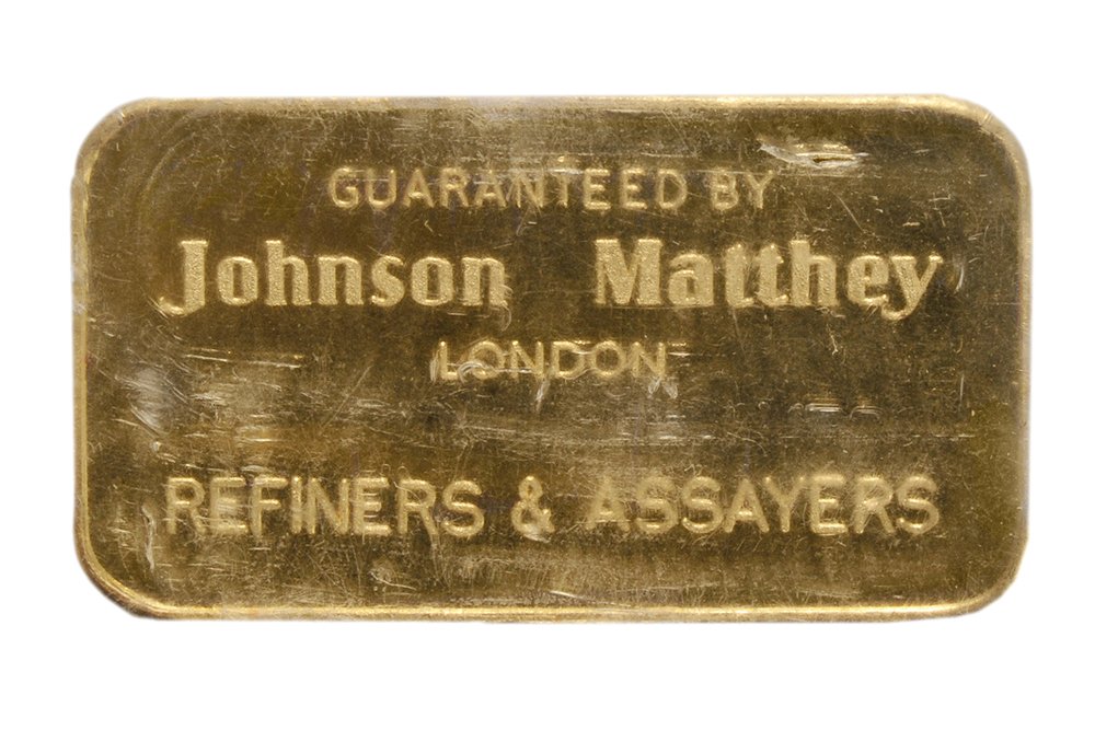 Three Johnson Matthey One-Ounce: Gold Bars .9999 fine gold, total 3 Troy ounces gold, minor handling marks. Provenance: Property from the Collection of Robert and Elizabeth Haskell, Little Washington, Virginia
